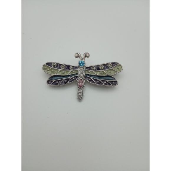 Vintage AAi Dragonfly Brooch Silver Tone Green Black Rhinestones - Picture 1 of 5